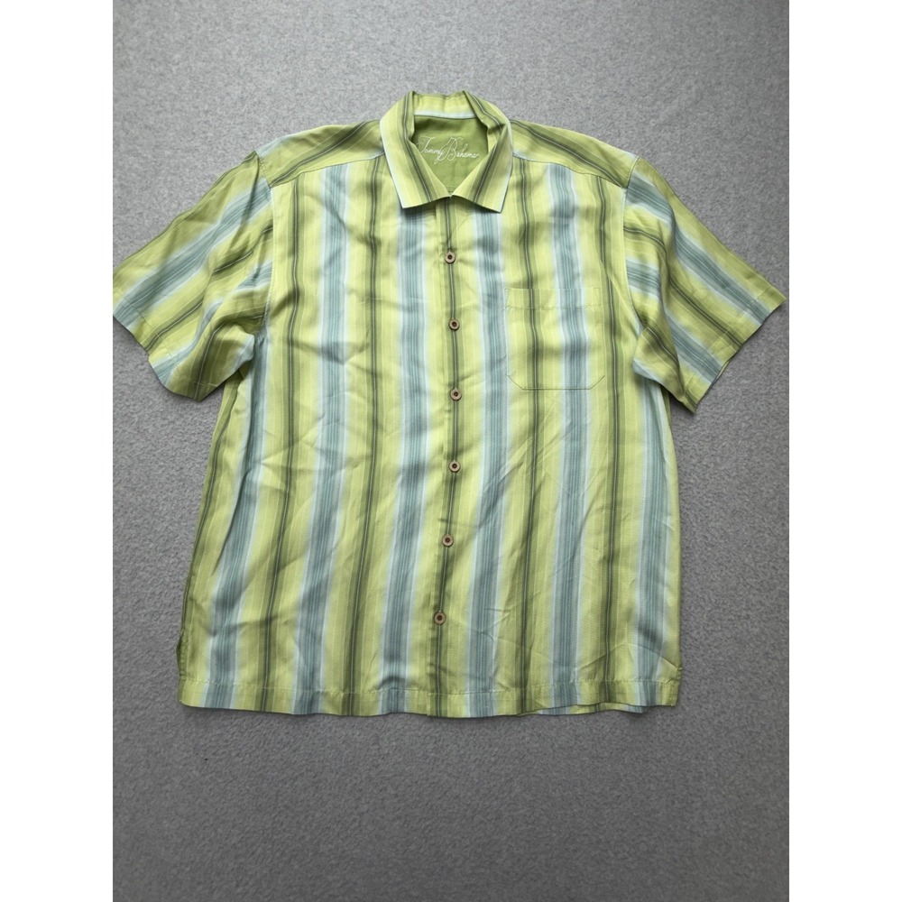 Tommy Bahama Shirt‎ Mens Large Green Stripe Tencel Short Sleeve Button Up Casual